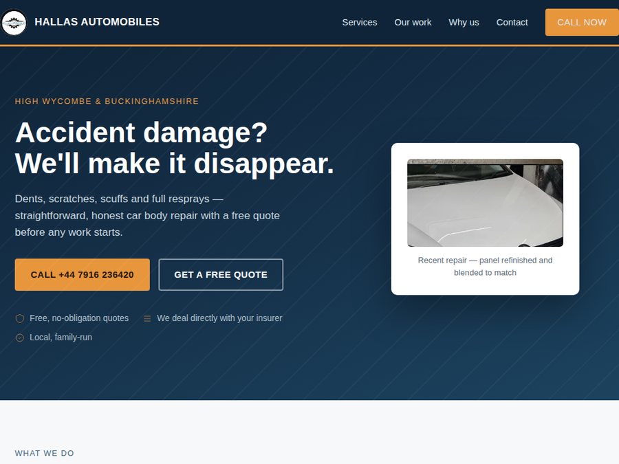 Concept homepage for Hallas Automobiles, a real car body repair business in High Wycombe