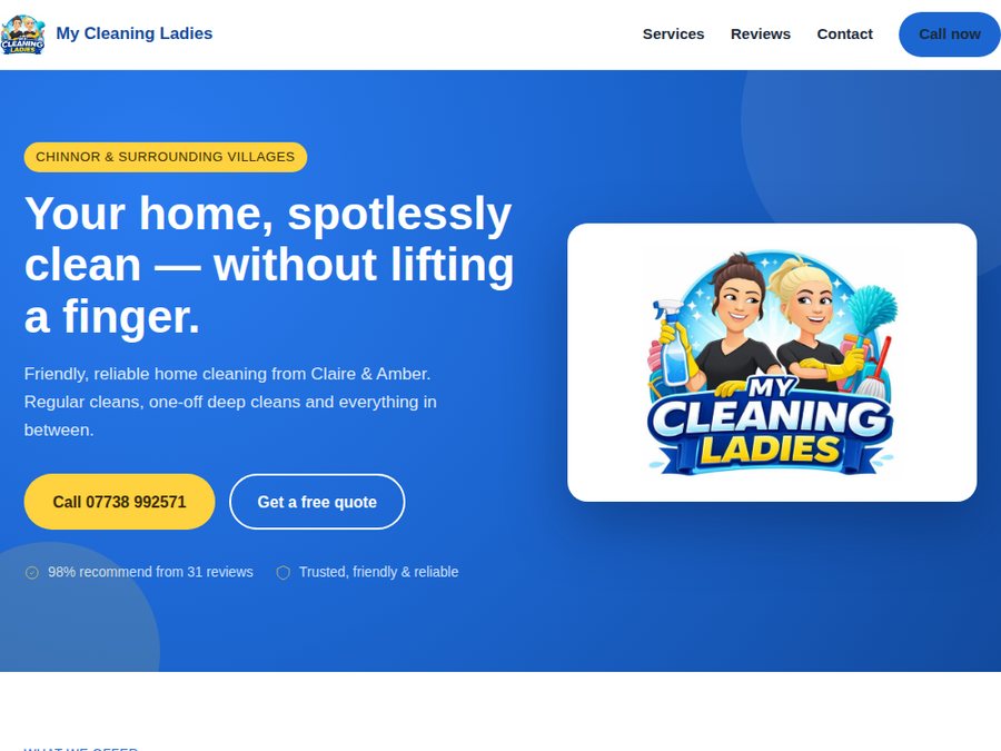 Concept homepage for My Cleaning Ladies, a real home cleaning business in Chinnor