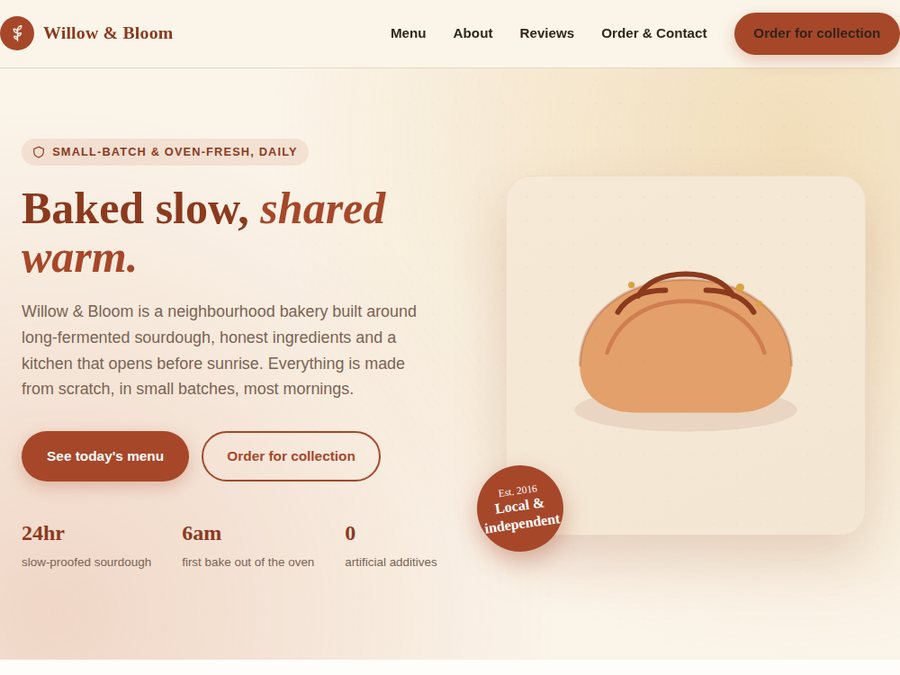 Concept homepage design for a fictional bakery, Willow & Bloom, with a warm cream and terracotta layout